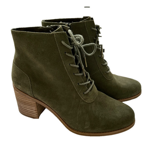 Toms Evelyn Boots Olive Green Size 10 Lace-Up Suede Ankle Boots Stacked Heels